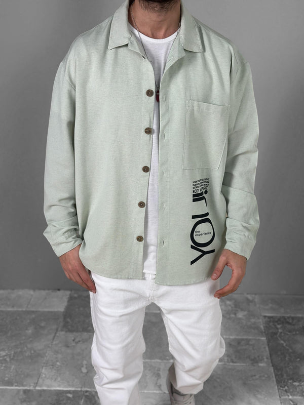 Su Yeşili Desenli Keten Gömlek COC1802