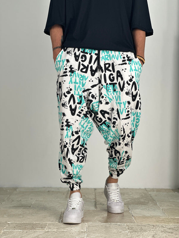 Turkuaz Grafiti Desenli Spor Şalvar COC1814