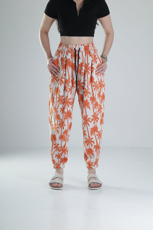 Turuncu Palmiye Desenli Pileli Jogger COC1322