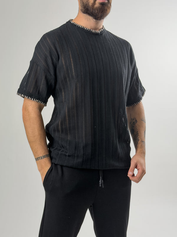 Yaka İp Detaylı Tasarım Erkek Siyah T-Shirt COC2611