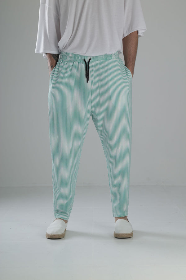 Yeşil Çizgili Bürümcük Kumaş Baget Pantolon COC1843