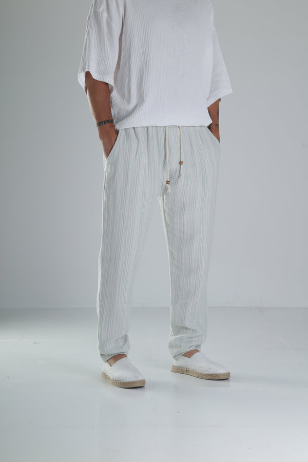 Yeşil Çizgili Müslin Keten Baggy Pantolon COC1367