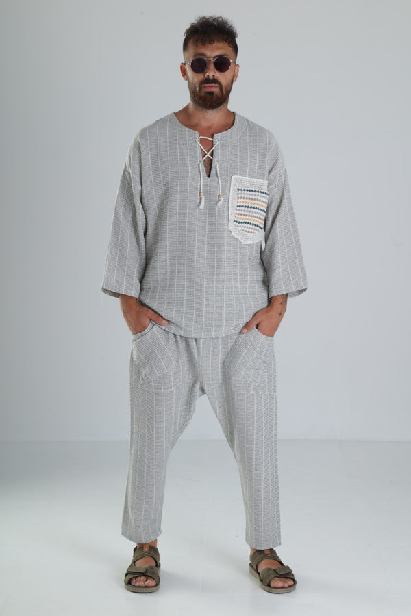 Yeşil Keten Pamuk Tasarım Şalvar Takım COC1286