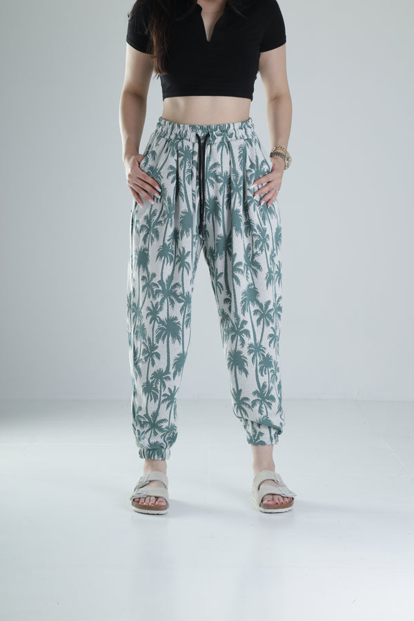 Yeşil Palmiye Desenli Pileli Jogger COC1326